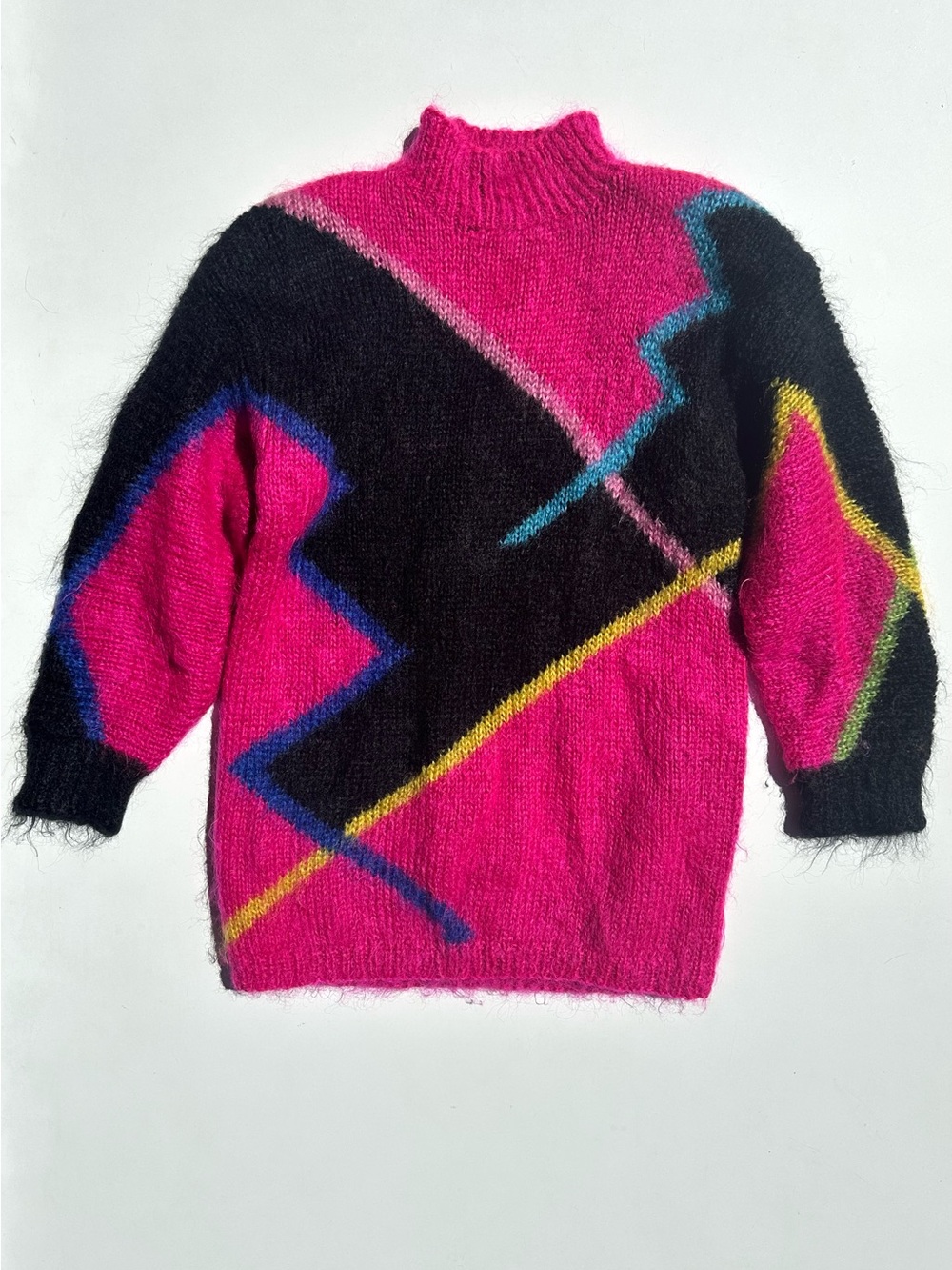 Mohair Vintage Premier Collection Pink Zigzag Colorblock Turtleneck Sweater, M